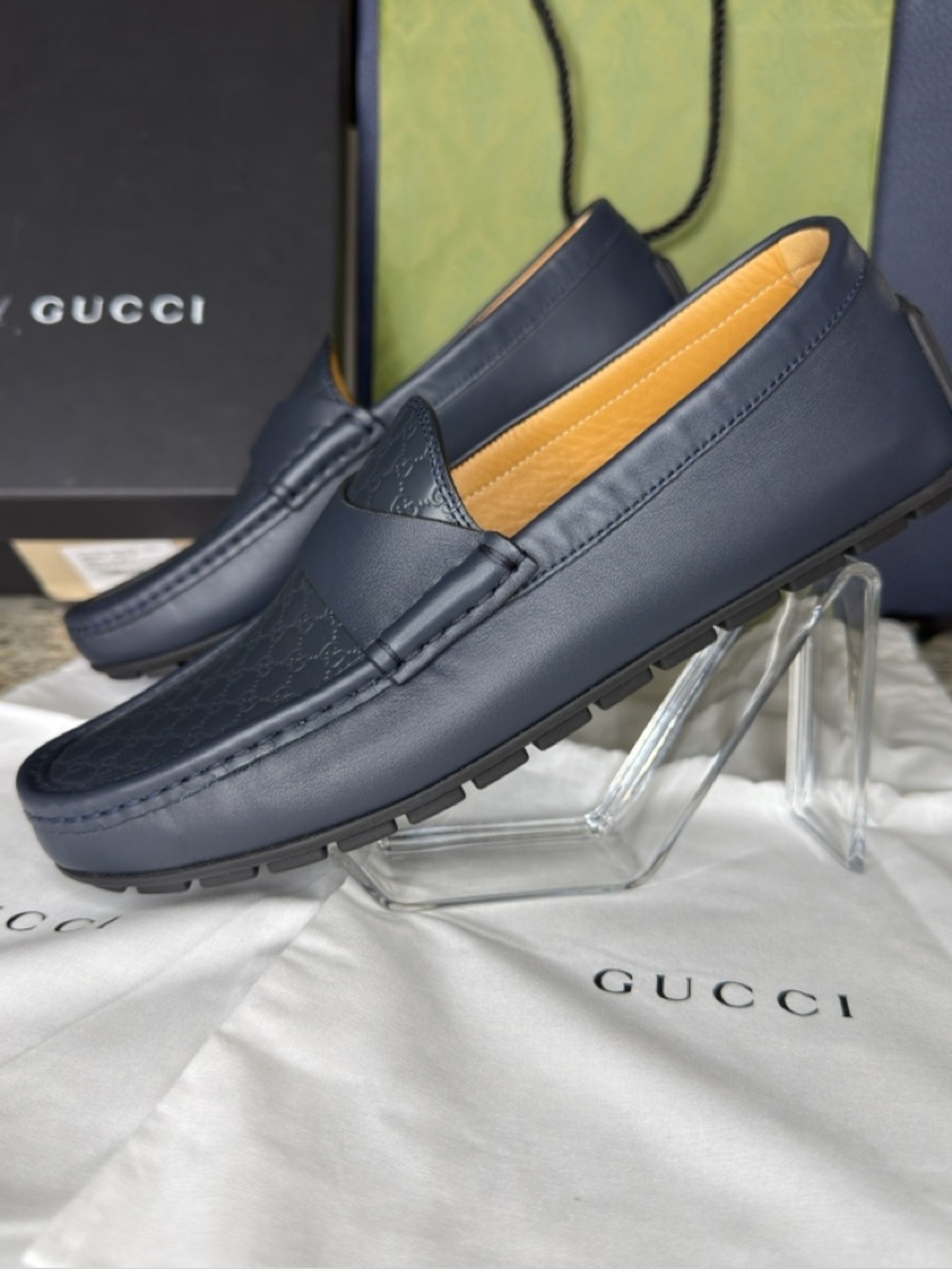 GUCCI Navy GG Microguccissima Leather Driver Loafer Size IT 6 Box Made Italy New - Picture 4 of 12